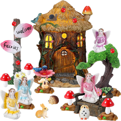 Leyndo 28 Pcs Solar House Garden Accessories Fairy Light up Fairy Figures Garden Kit Resin