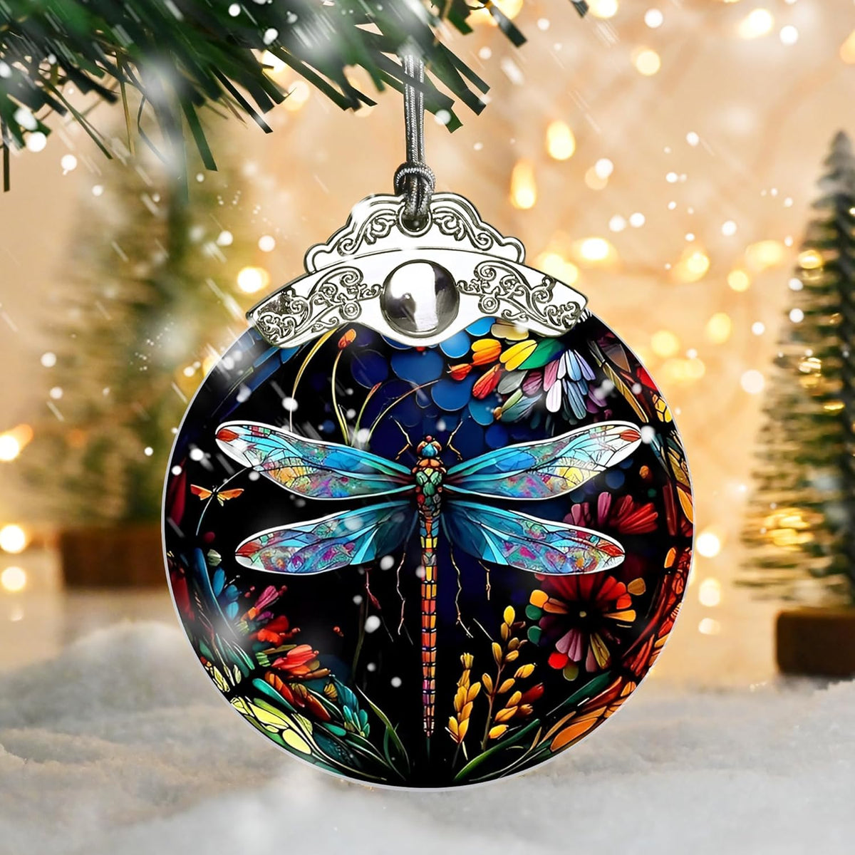 Christmas Dragonfly Ornament - Stained Glass Decor for Tree, Holiday Decorations and Xmas Gift Ideas