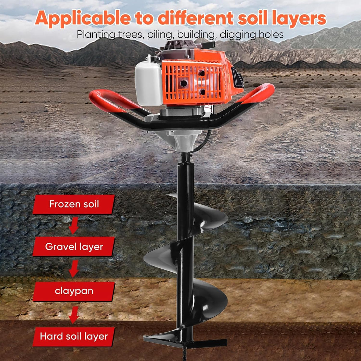72CC Post Hole Digger, 2 Stroke Auger Post Hole Digger Gas Powered with 2 Augers Drill Bits 6" 8"+1