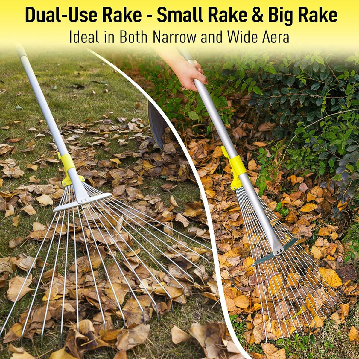 JARDINEER Adjustable Rakes for Leaves, Larger Garden Leaf Rake for Lawns Grass with 7-23"