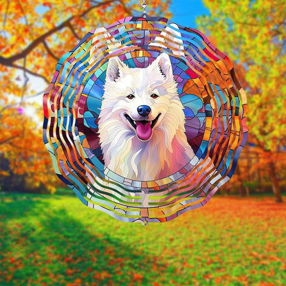 Samoyed Wind Spinner Pet Dog Memorial Gifts 3D Aluminum Metal Kinetic Hanging Wind Sculpture