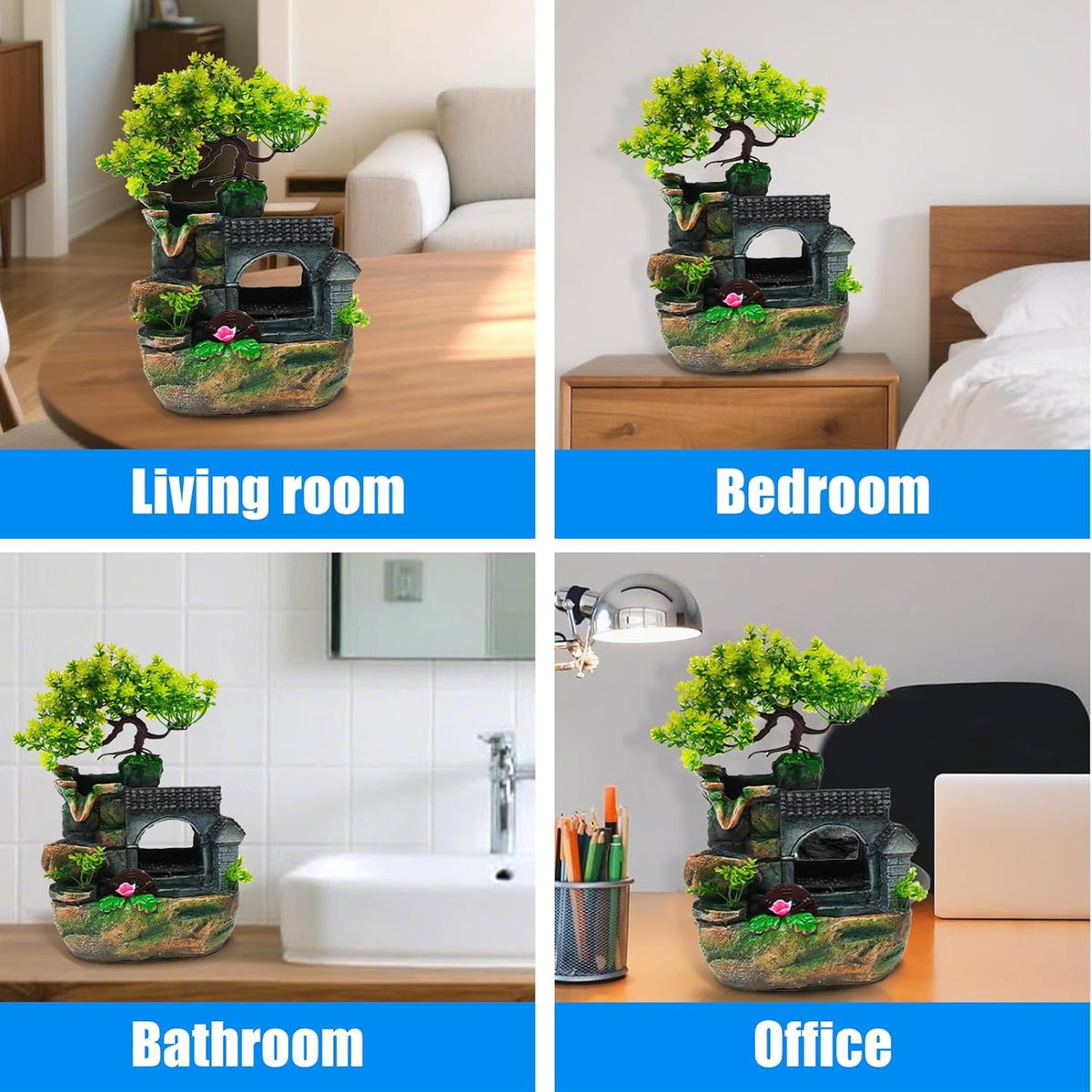 Tabletop Waterfall Fountain – 11 in Rockery Humidifier with Color-Changing LED Light, Adjustable