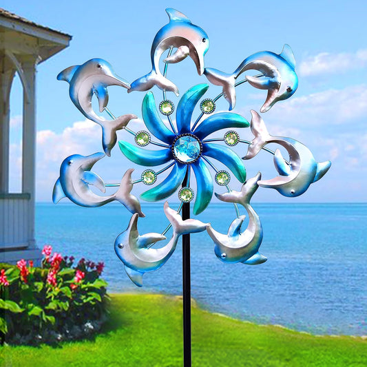 Dolphin Wind Spinners Garden Stake, 39" Metal Dolphins Wind Spinner Outdoor Decorations- Outside