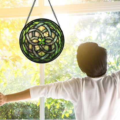 Stained Glass Window Hanging, Abstract Green Clover Sun Catchers Colorful Glass Panel Bless