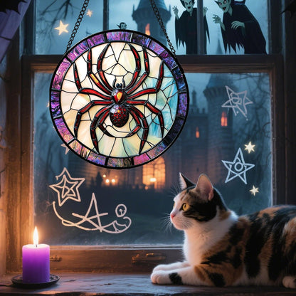 Stained Glass Window Hanging - Halloween Decorations Red Spider Goth Suncatcher for Doors Garden