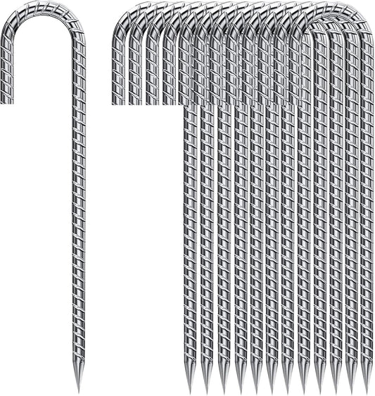 Rebar Stakes 12 Inch, Tent Stakes Heavy Duty Galvanized J Shaped 50 Pack Landscape Fabric Staples