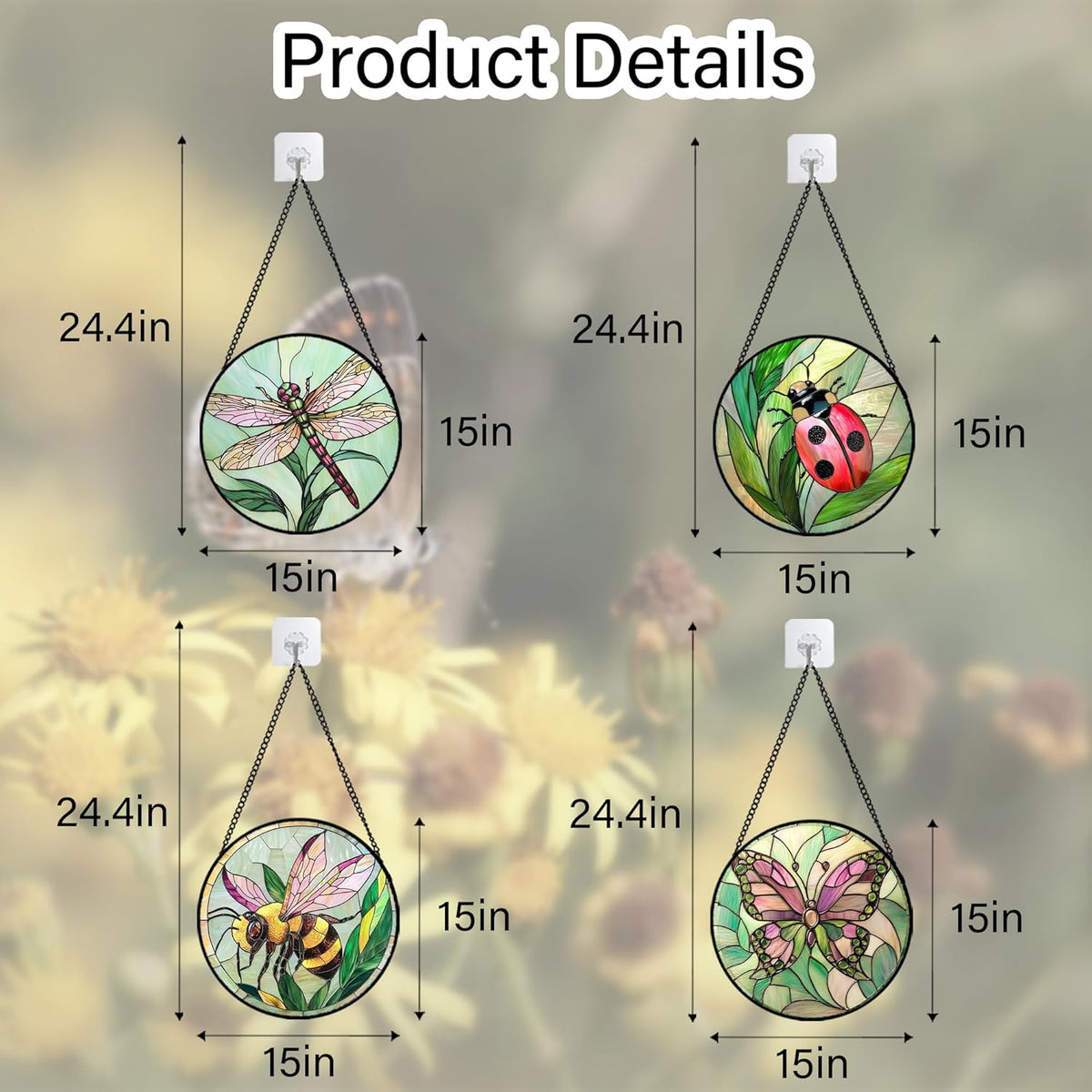 Stained Glass Window Hanging 4 Pcs Set Pink Green Insect Theme Large 15" - Butterfly Suncatcher
