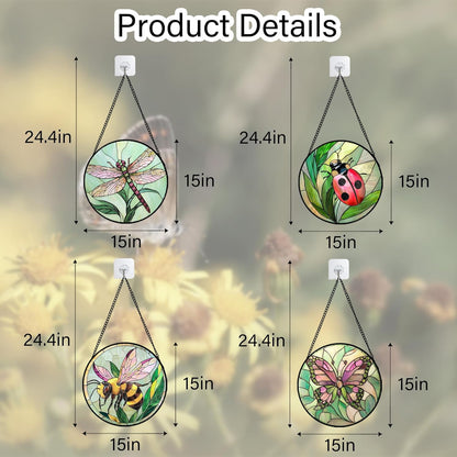 Stained Glass Window Hanging 4 Pcs Set Pink Green Insect Theme Large 15" - Butterfly Suncatcher