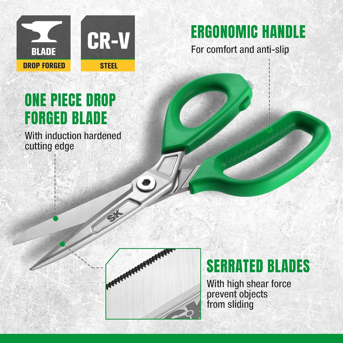 SK 9" Heavy Duty Scissors, All Purpose Shears, Premium CR-V Steel Construction, One Piece Drop