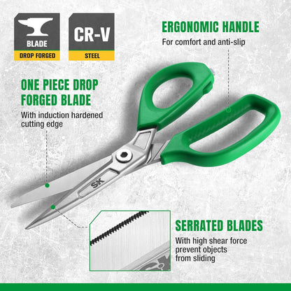 SK 9" Heavy Duty Scissors, All Purpose Shears, Premium CR-V Steel Construction, One Piece Drop