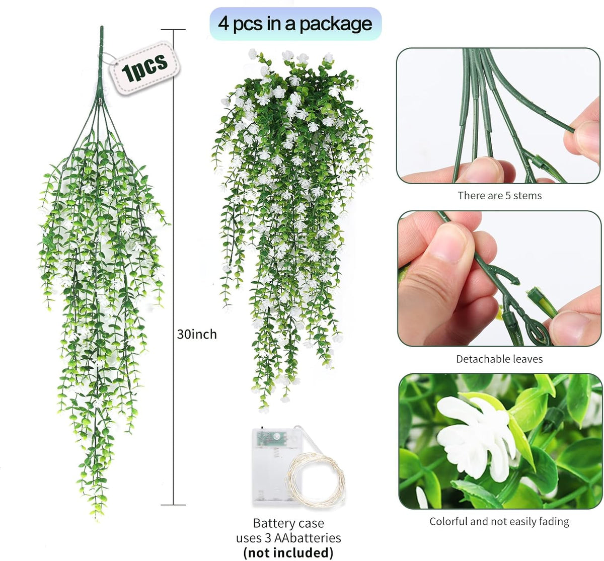SJL Hanging Faux Plants Indoor 4pcs Fake Flowers Plant Fern with LED Lights Artificial Vines for