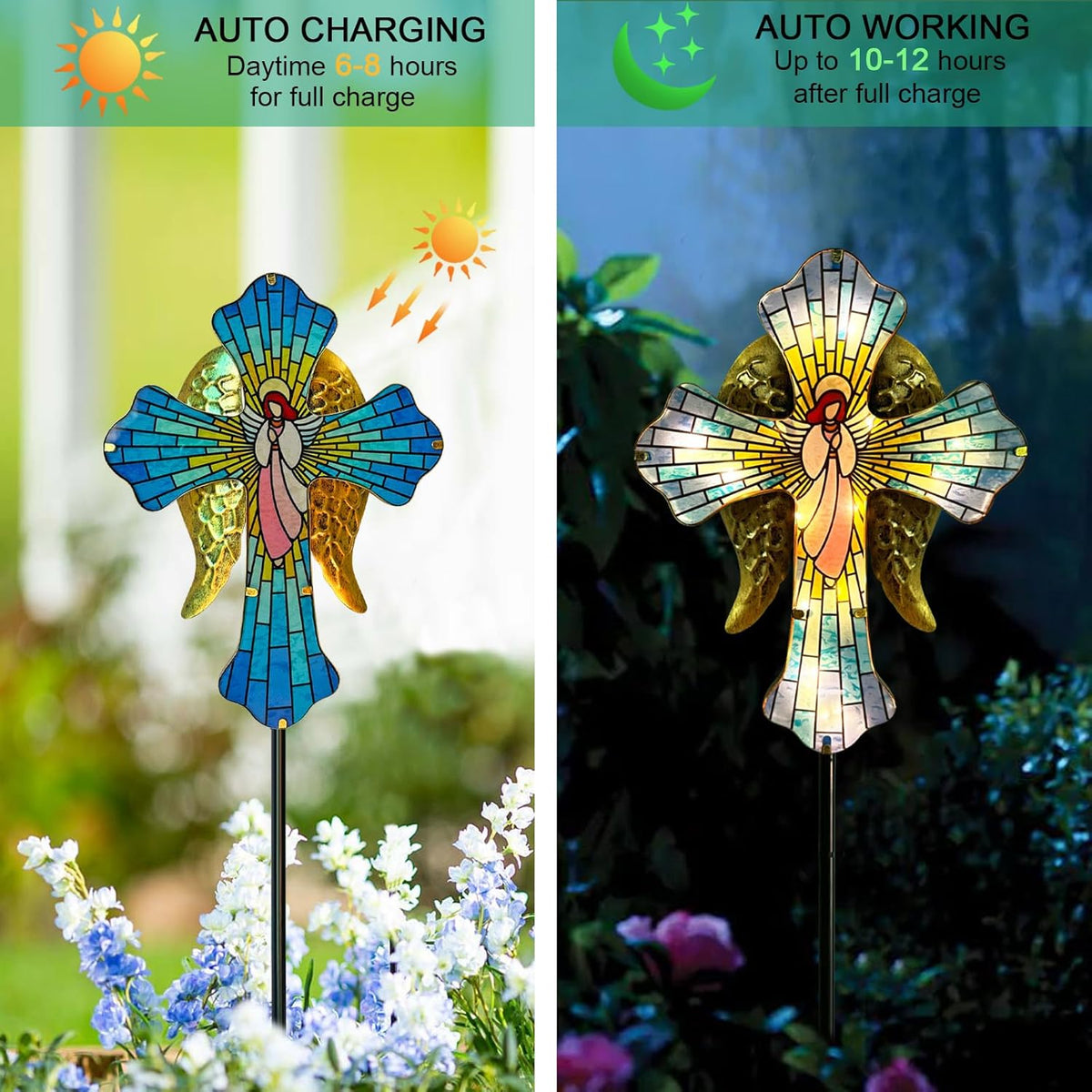 WAIU 33 Inch Solar Cross Garden Light Outdoor Decorative - Solar Acrylic Jesus and Metal Angel