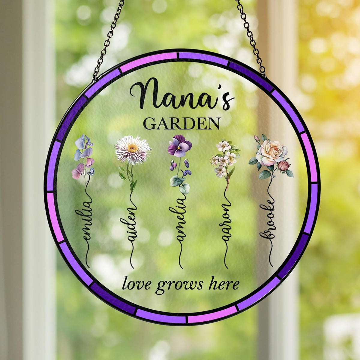 NAZENTI Personalized Nana's Garden Stained Glass Suncatcher with Birth Month Flowers, Custom