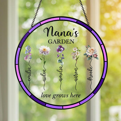 NAZENTI Personalized Nana's Garden Stained Glass Suncatcher with Birth Month Flowers, Custom