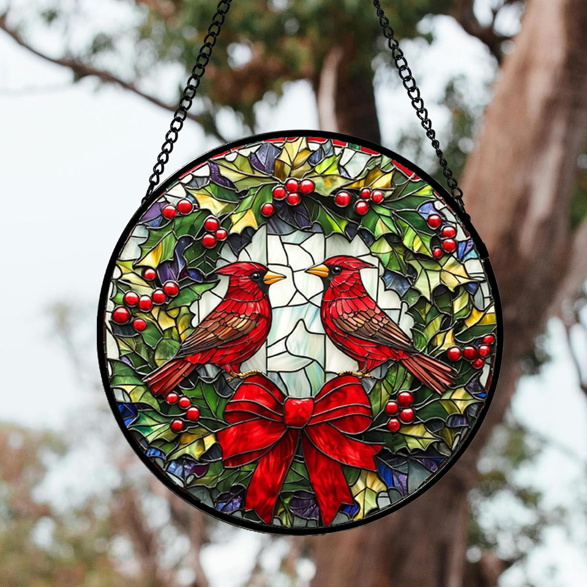 Stained Glass Window Hanging - Cardinals Green Wreath Suncatcher for Doors Home Christmas