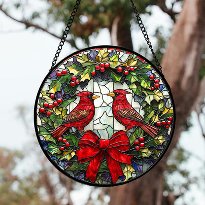 Stained Glass Window Hanging - Cardinals Green Wreath Suncatcher for Doors Home Christmas