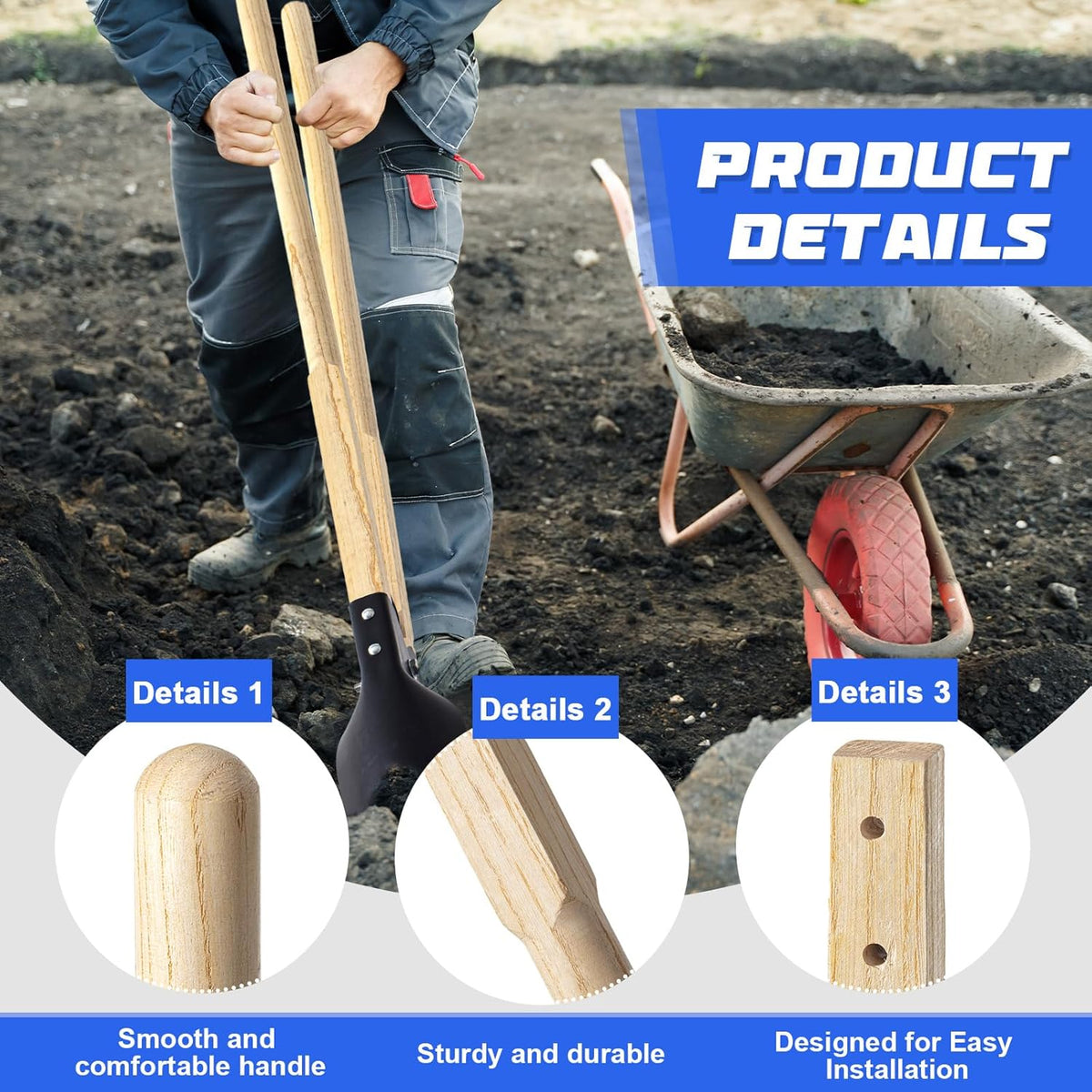 Zonon 2 Pcs Square Eye Post Hole Digger Handle Wood Post Hole Digger Replacement Handle, 48 Inches