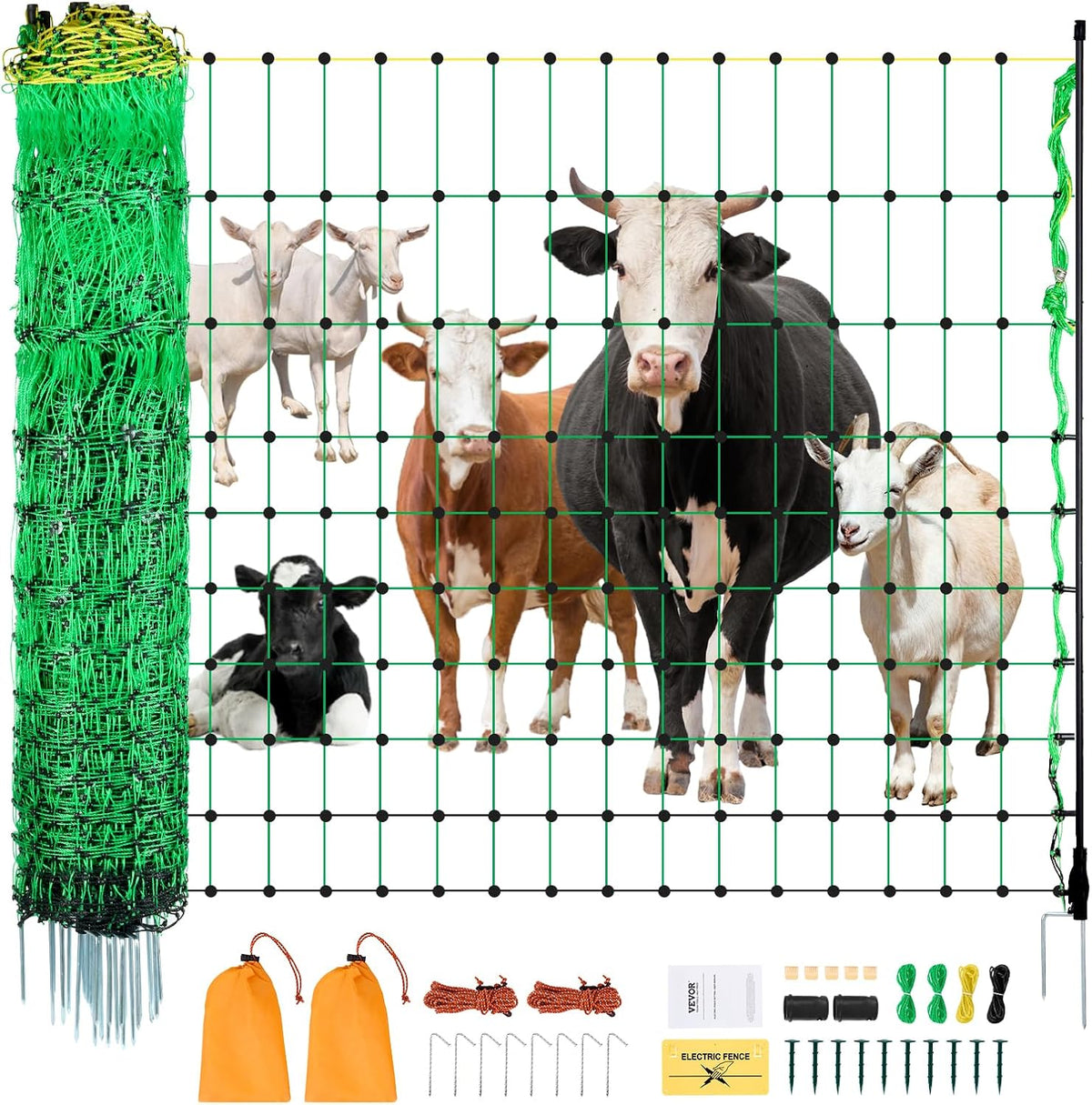 VEVOR Electric Fence Netting, 50" H x 164' L, Livestock Net Fencing with Posts & Stakes, Portable