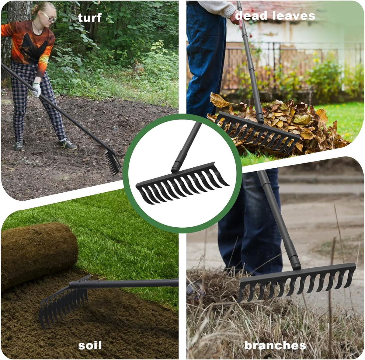 60" Bow Rake 12 Tines Metal Head Rakes with Adjustable Handle, Thatch Rake for Gathering Thatch