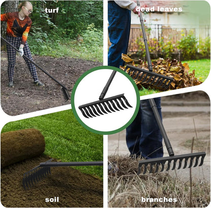 60" Bow Rake 12 Tines Metal Head Rakes with Adjustable Handle, Thatch Rake for Gathering Thatch