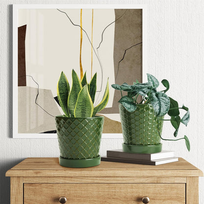 EFISPSS Ceramic Plant Pots, 5 Inch Planters with Drainage Holes and Ceramic Tray, Relief Design