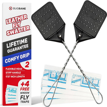 2 Leather Fly Swatter for Indoors. Long Handle, Heavy Duty Fly Swatter Manual Multi Pack.