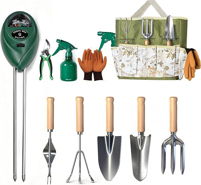 Garden Tool Set,10 Pcs Heavy Duty Gardening Hand Tools Set with Soil Moisture Meter and Storage