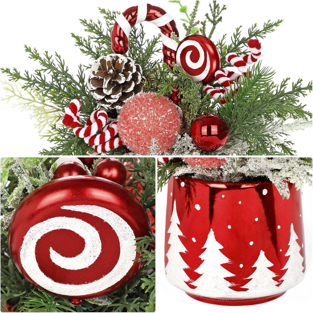 Christmas Centerpieces for Tables, Small Christmas Table Arrangements with Ceramic Vase Red & White