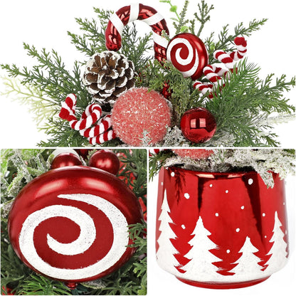Christmas Centerpieces for Tables, Small Christmas Table Arrangements with Ceramic Vase Red & White