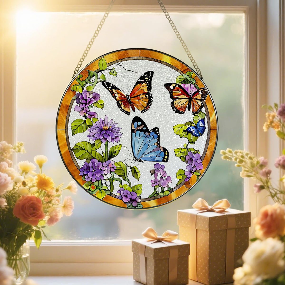Stained Glass Window Hanging, 8 Inch Sun Catchers Indoor Window, Butterfly Suncatchers for Windows