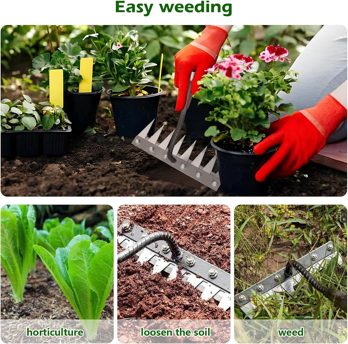 Iron Weeding Rake 2.0, New 5/6/7/8 Teeth Carbon Steel Garden Weeder Rakes, Weeder Puller Tool for