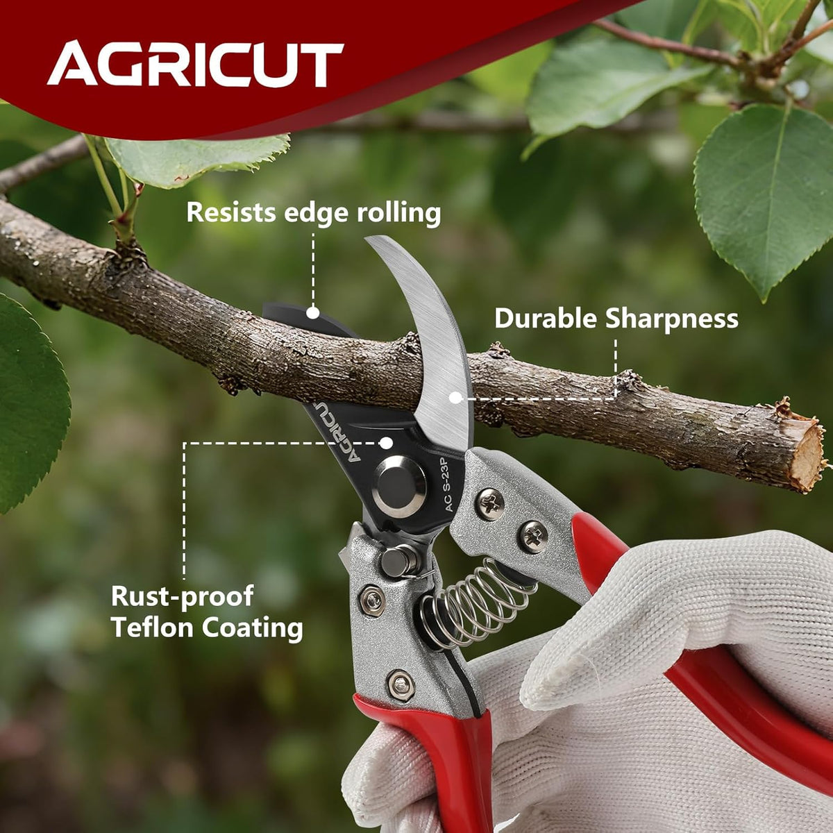 AGRICUT Pruning Shears for Gardening - 1 Inch Cut Capacity Bypass Pruners with High Carbon Steel