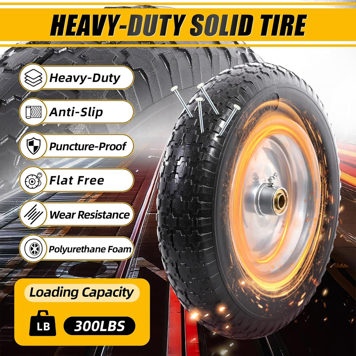 MZREXN 14.5" Wheelbarrow Tire Flat-Free 3.00/3.25/3.50/4.00-8" Solid Tire and Wheel with 3"-7"