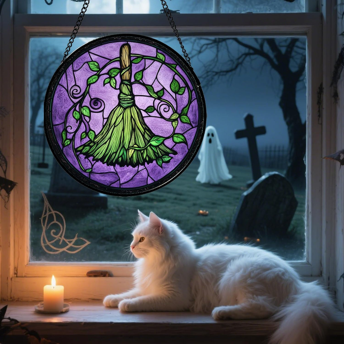 Stained Glass Window Hanging - Halloween Decorations Witch Magic Broom Suncatcher for Doors Garden