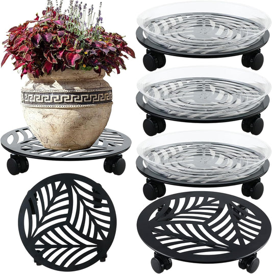 4 Packs Large Metal Plant Caddy with PU Wheels 13" Heav-duty Wroght Iron Rolling Plant Stands
