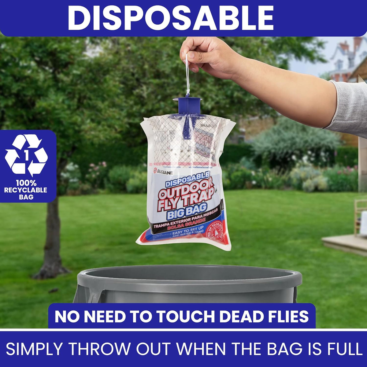 Fly Traps Outdoor Fly Trap for Patio. 4 Large Non-Toxic Pre-Baited Flies Bags Outdoor Disposable.