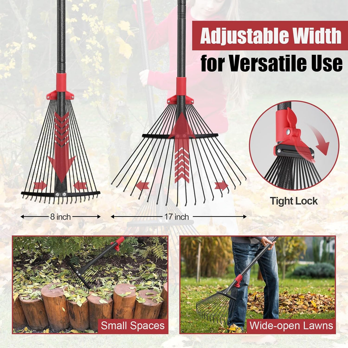 Garden Rake for Leaves: 55 Inch Adjustable Long Handle 18 Metal Tines with 8-17" Expandable Head