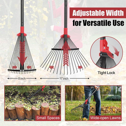Garden Rake for Leaves: 55 Inch Adjustable Long Handle 18 Metal Tines with 8-17" Expandable Head