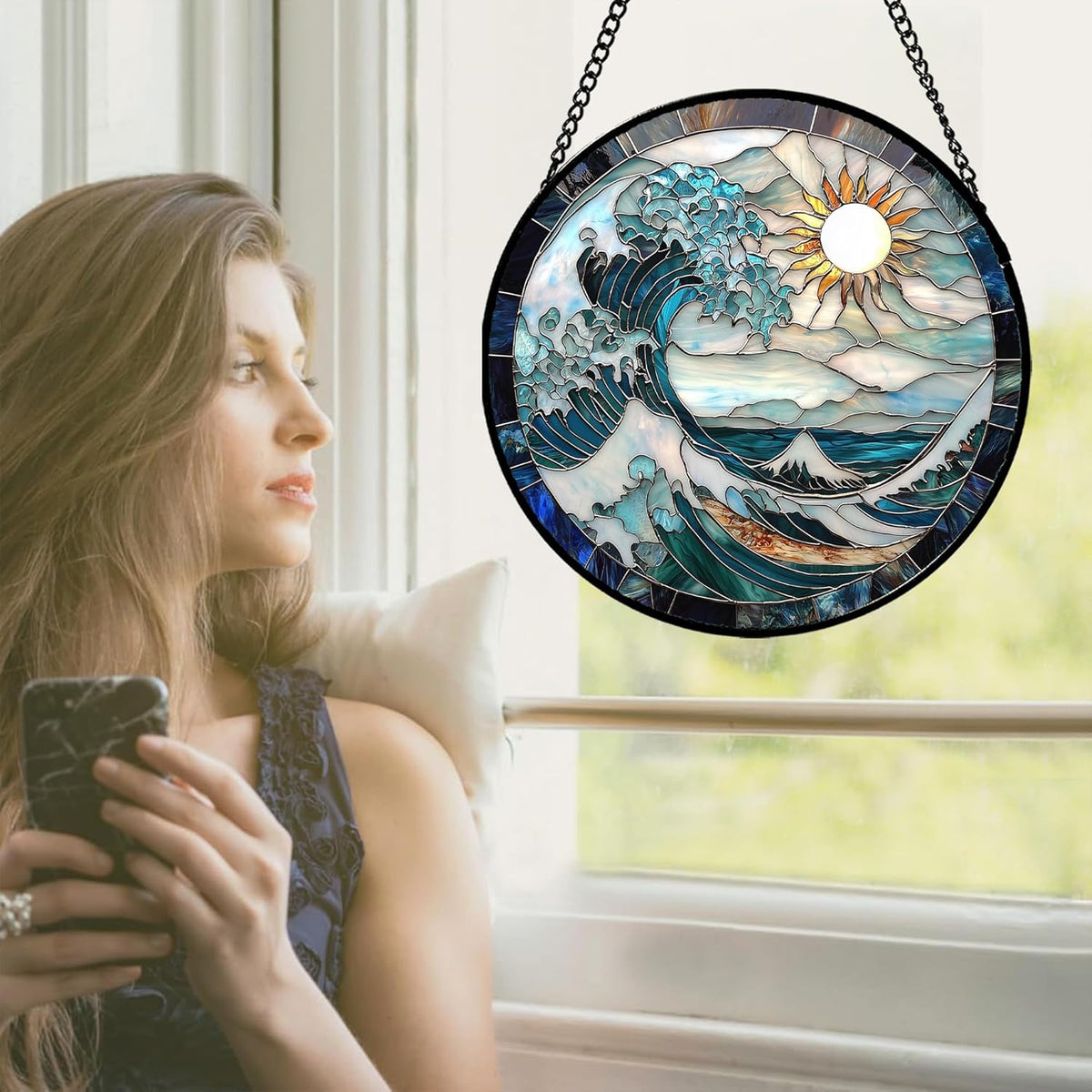 Stained Glass Window Hanging - White Sun Big Wave Suncatcher for Door Terrace Garden Home Decor
