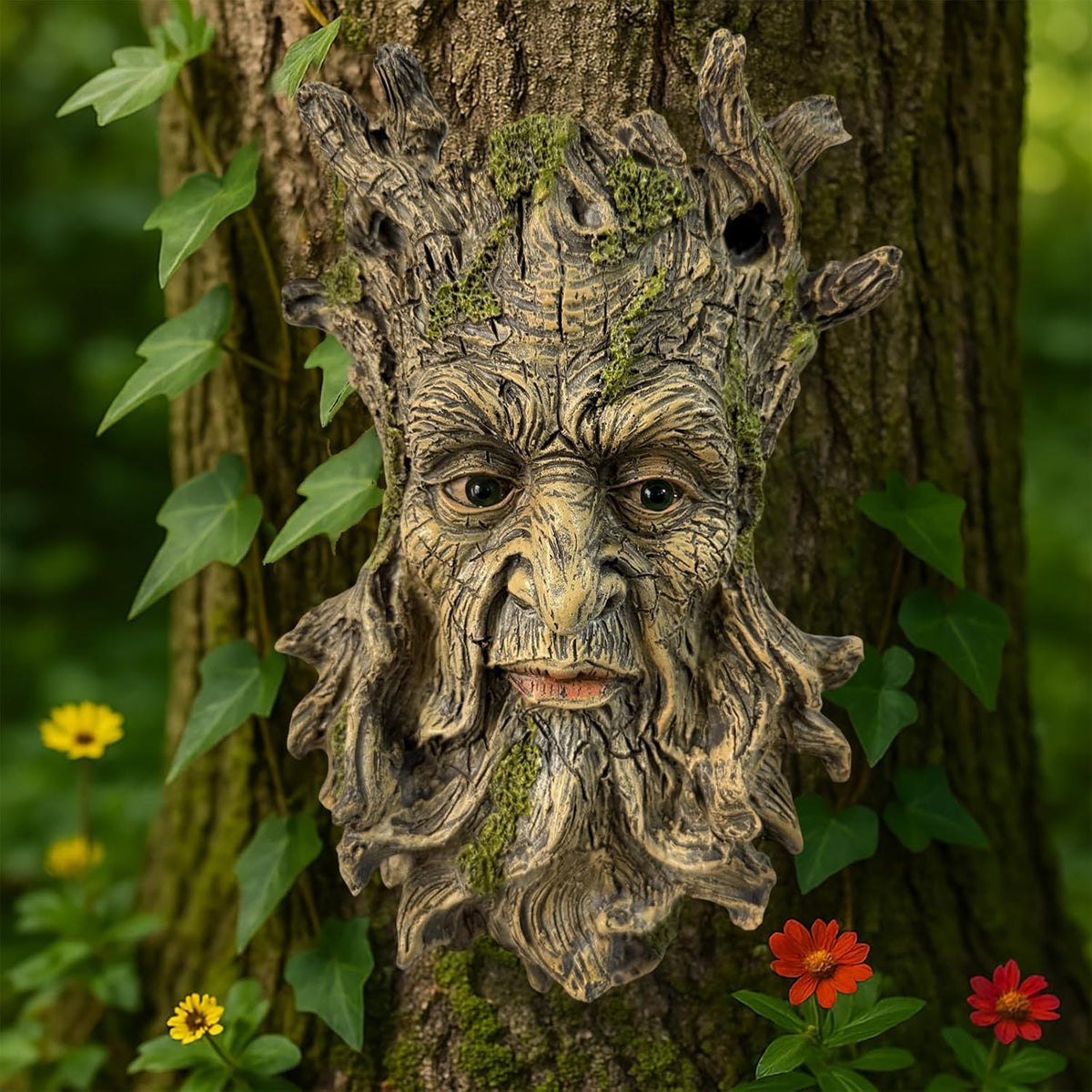 Moss Tree Face Sculpture, Funny Moss Cap Old Man Tree Hugger Statue, Indoor & Outdoor Creative