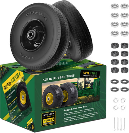 (2 Pack) 4.10/3.50-4 Flat Free Tire and Wheel 10-Inch Solid Wheel Replacement with 5/8 Extra 3/4