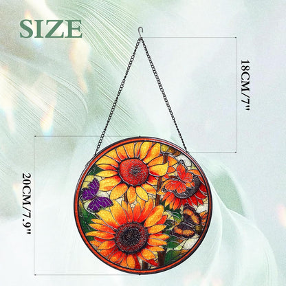 Sunflowers Handmade Stained Glass Window Hanging Suncatcher with Chain - 7.9" Outdoor/Indoor Art