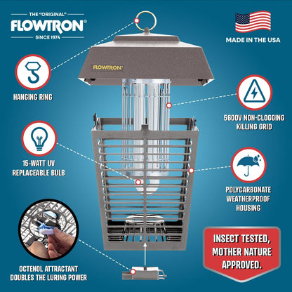 Flowtron Electric Bug Zapper 1/2 Acre Outdoor Insect Control with Dual Lure Method, 15W UV Light &