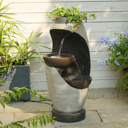 27.95''H Outdoor Garden Water Fountain, 2-Tier Bowl Shaped Floor - Standing Waterfall Fountain