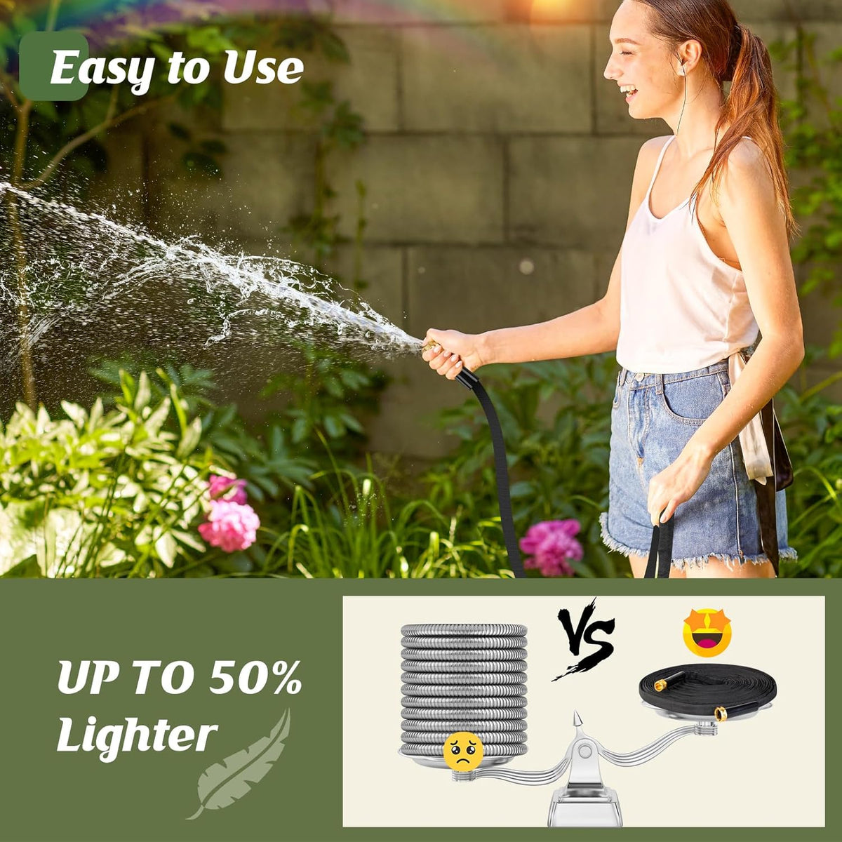 Non-Expanding Garden Hose 50FT, Lightweight & DurableWater Hose, No-Kink, Tough & Flexible Hose