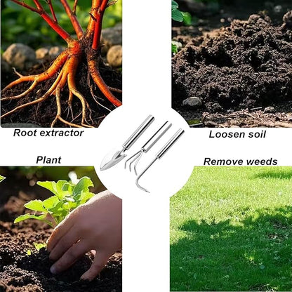 3 Pcs Stainless Steel Mini Garden Tools Set Small Tiny Shovel Trowel Root Extractor Hand Rake