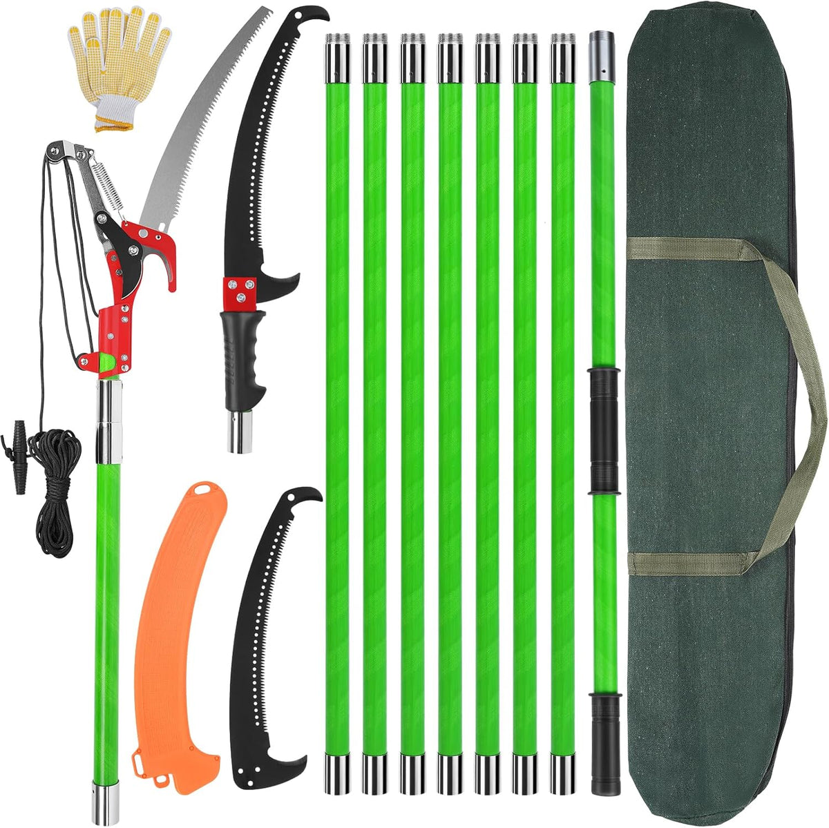 30 Ft Manual Pole Saw, Extendable Tree Pruner Blade and Scissors Set with 9 Fiberglass Handles