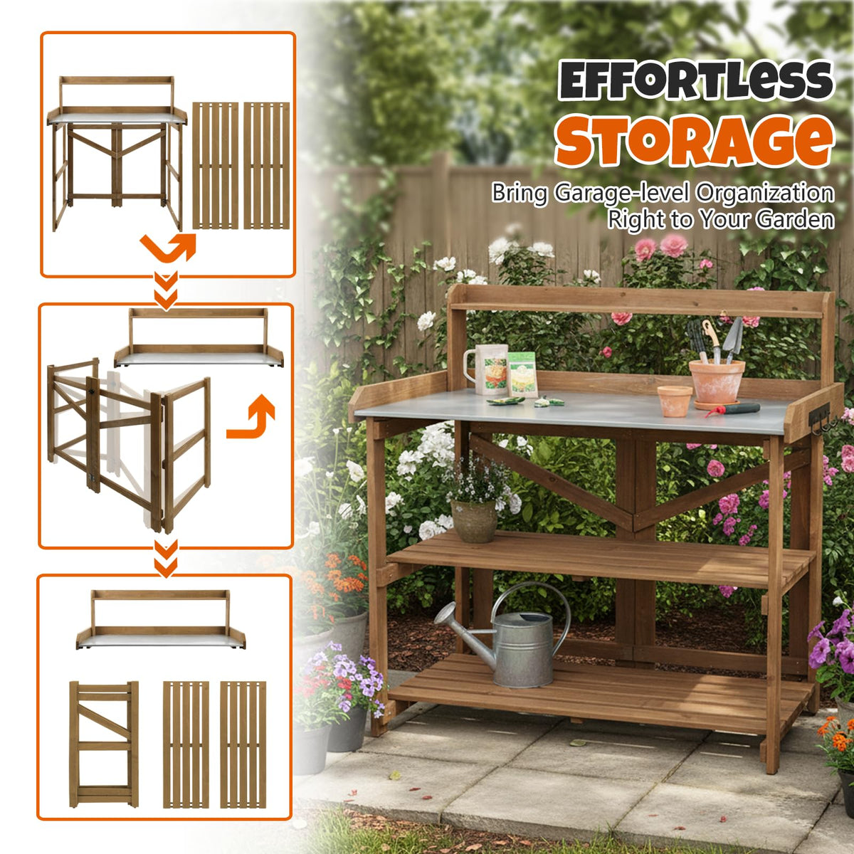 Outdoor Potting Bench Table, Indoor Wooden Work Station with Metal Table Top, Metal Hooks, Large