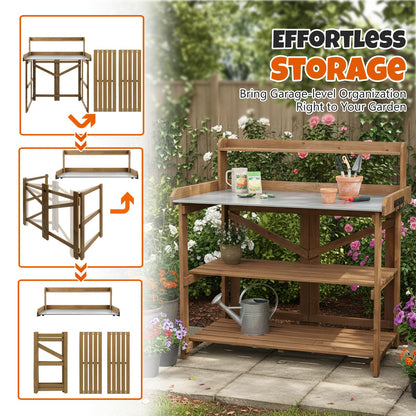 Outdoor Potting Bench Table, Indoor Wooden Work Station with Metal Table Top, Metal Hooks, Large