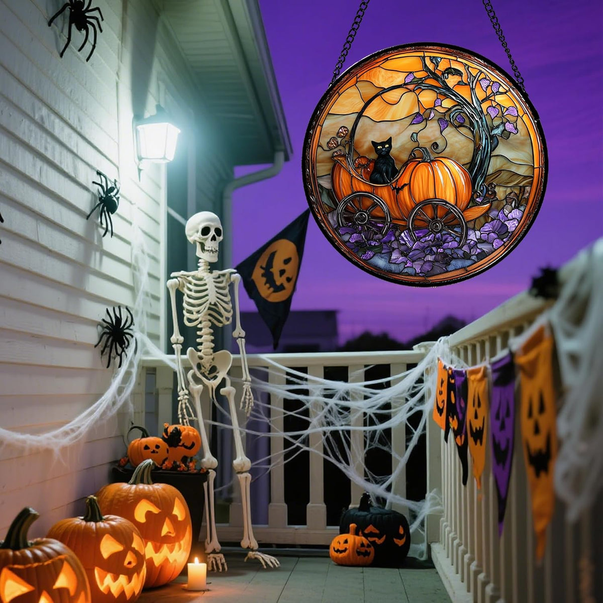 Stained Glass Window Hanging - Halloween Pumpkin Carriage Black Cat Suncatcher for Doors Window